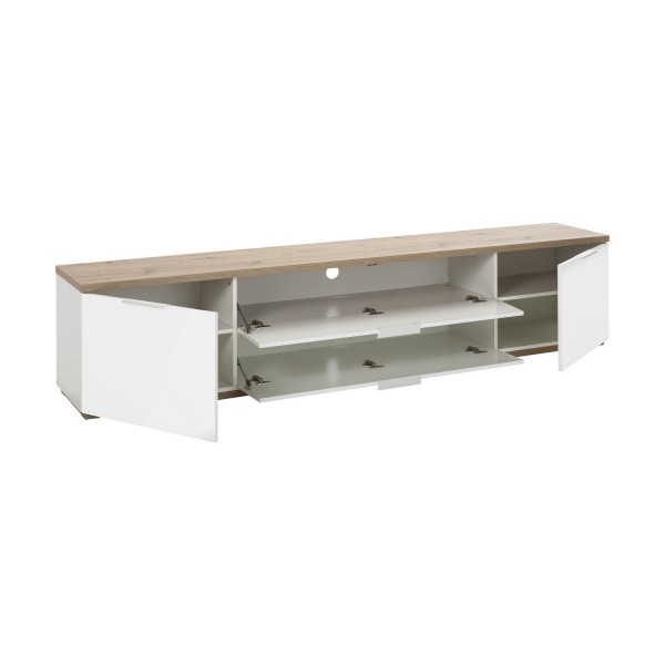 Vista diagonale Mobile porta tv in legno colore "Bianco Laccato/Rovere Riviera" con 2 ante e 2 ribalte modello Orbis Totò Piccinni