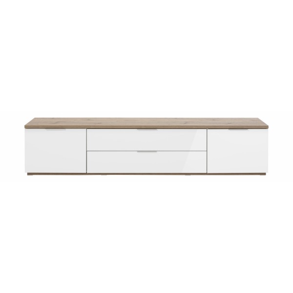 Vista frontale Mobile per tv in legno colore "Bianco Laccato/Rovere Riviera" con 2 ante e 2 ribalte modello Orbis Totò Piccinni