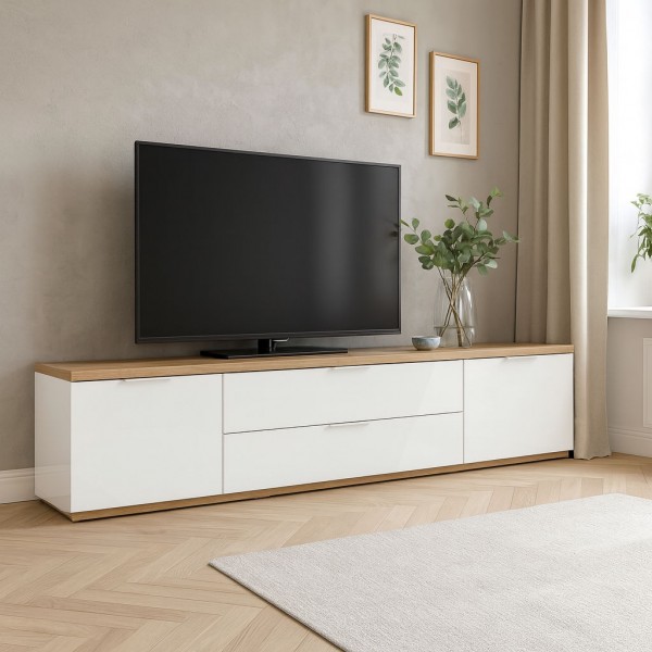 Vista ambientata Mobile porta tv in legno colore "Bianco Laccato/Rovere Riviera" con 2 ante e 2 ribalte modello Orbis Totò Piccinni