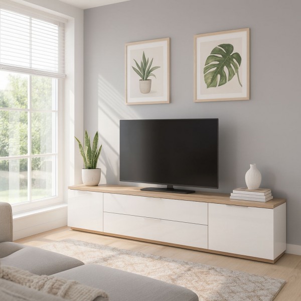 Vista ambientata Mobile porta tv in legno colore "Bianco Laccato/Rovere Riviera" con 2 ante e 2 ribalte modello Orbis Totò Piccinni