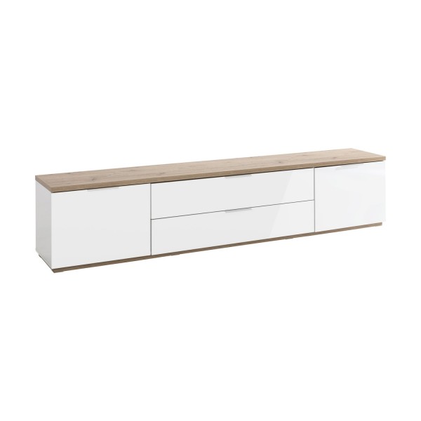 Vista diagonale Mobile porta tv in legno colore "Bianco Laccato/Rovere Riviera" con 2 ante e 2 ribalte modello Orbis Totò Piccinni