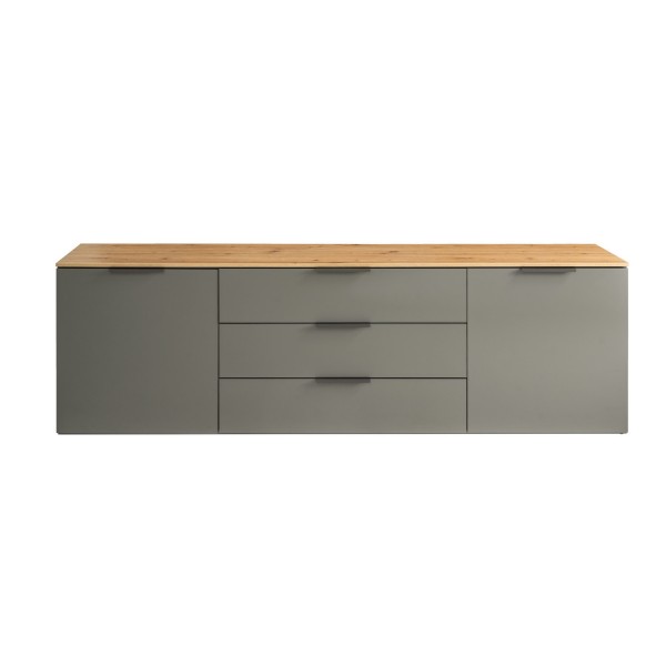 Vista frontale Mobile tv in legno colore "Grigio Laccato/Rovere Miele" con 2 ante e 3 cassetti modello Zenit Totò Piccinni