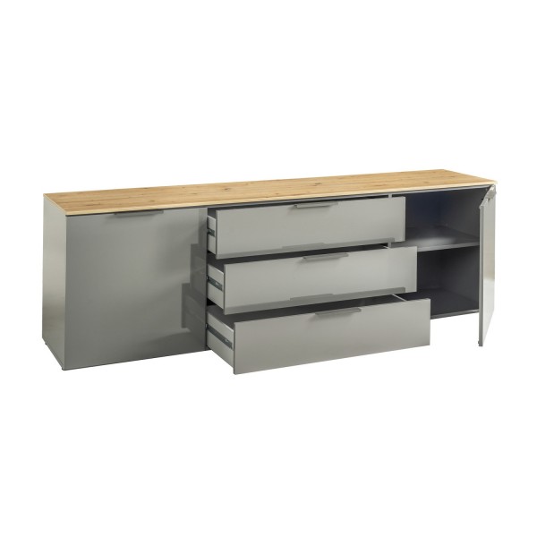Vista diagonale Mobile porta tv in legno colore "Grigio Laccato/Rovere Miele" con 2 ante e 3 cassetti modello Zenit Totò Piccinni