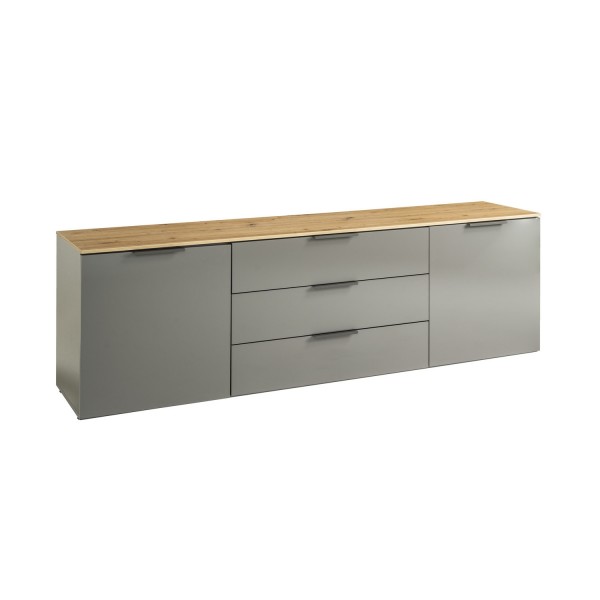 Vista diagonale Porta tv in legno colore "Grigio Laccato/Rovere Miele" con 2 ante e 3 cassetti modello Zenit Totò Piccinni
