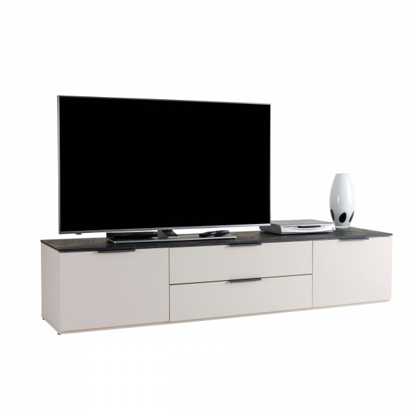 Vista diagonale Base Tv in legno colore "Cashmere/Effetto Marmo Nero" con 2 ante e 2 cassetti modello Teca Totò Piccinni