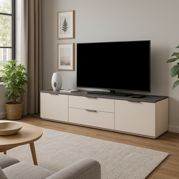Mobile porta TV moderno colore "Cashmere/Effetto Marmo Nero", posizionato in un elegante soggiorno, ideale per ambienti contemporanei. Modello Teca Totò Piccinni