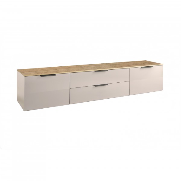Vista diagonale Mobile Porta Tv in legno 2 ante e 2 cassetti colore "cashmere lucido/rovere baysen" modello Zenit Totò Piccinni