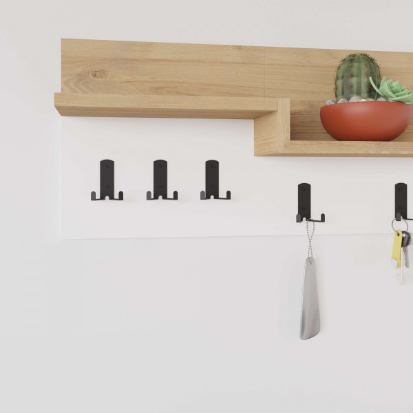 Gancio Da Parete Con Mensola In Legno Bianco 61 Cm - 2 Ripiani E 5 Ganci, Appendiabiti Galleggiante Per Vestiti, Cappelli, Borse, Per Ingresso E Camera - 5
