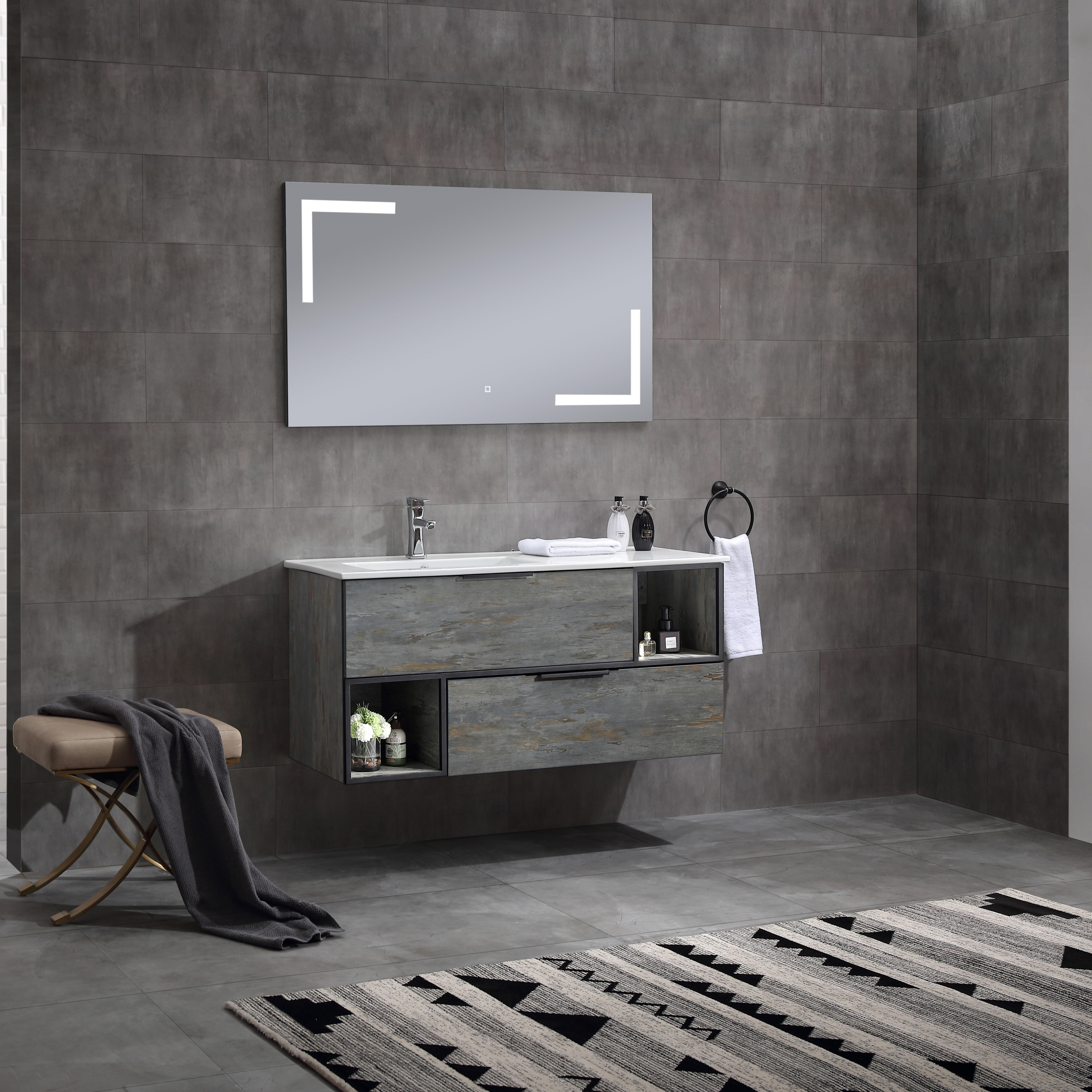 Set VOLTURNO Mobile Bagno sospeso con due cassettoni specchio led